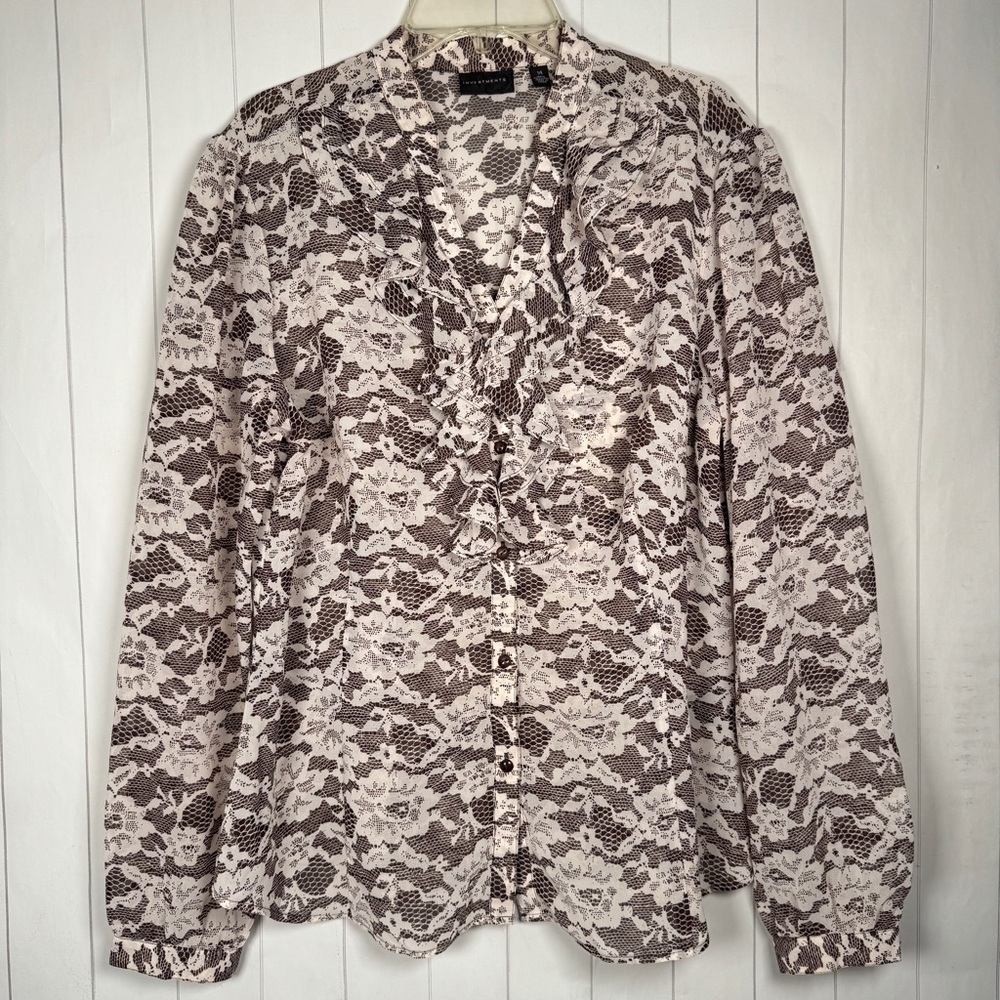 Investments Ruffle Neck Button Blouse Shirt Floral/Lace Print Semi Sheer size 14